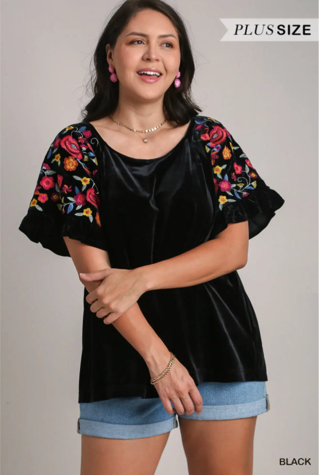 Black Umgee Velvet Floral Sleeve Top