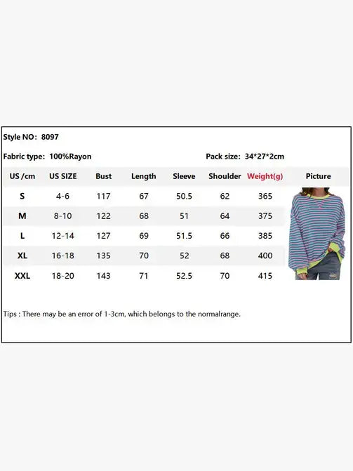 Black-White Color Striped Crew Neck Loose Sweatshirt Sweater