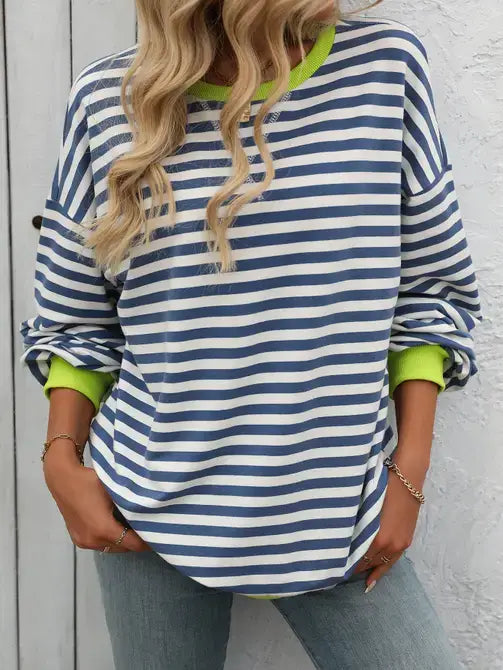 Black-White Color Striped Crew Neck Loose Sweatshirt Sweater