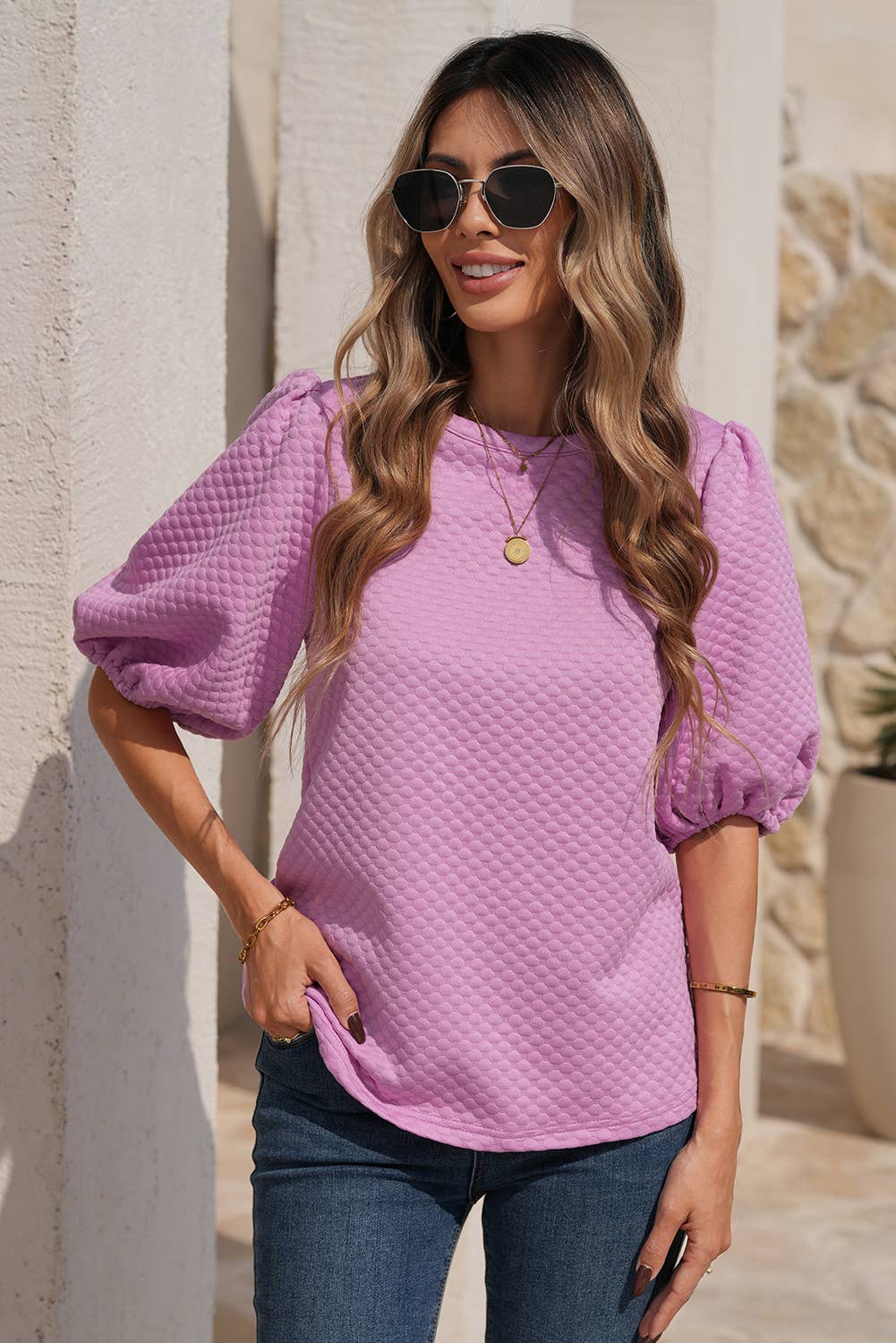 LDC Solid Textured O Neck Puff Sleeve Blouse