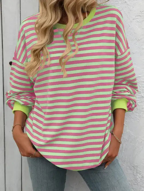 Black-White Color Striped Crew Neck Loose Sweatshirt Sweater