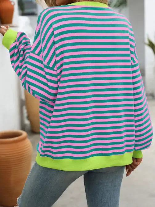 Black-White Color Striped Crew Neck Loose Sweatshirt Sweater