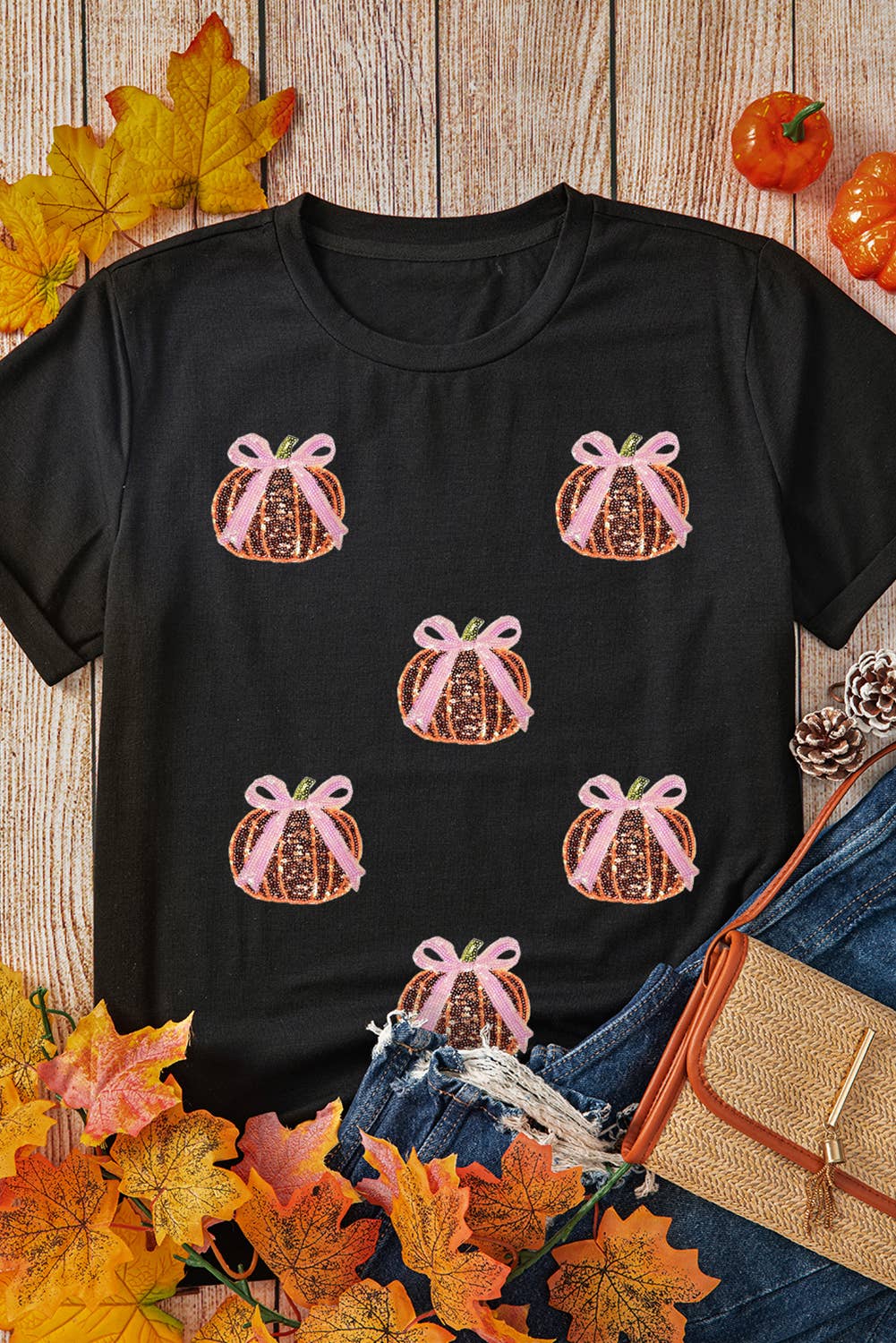 LDC Sequin Bow Pumpkin Patched Cotton Blend T Shirt