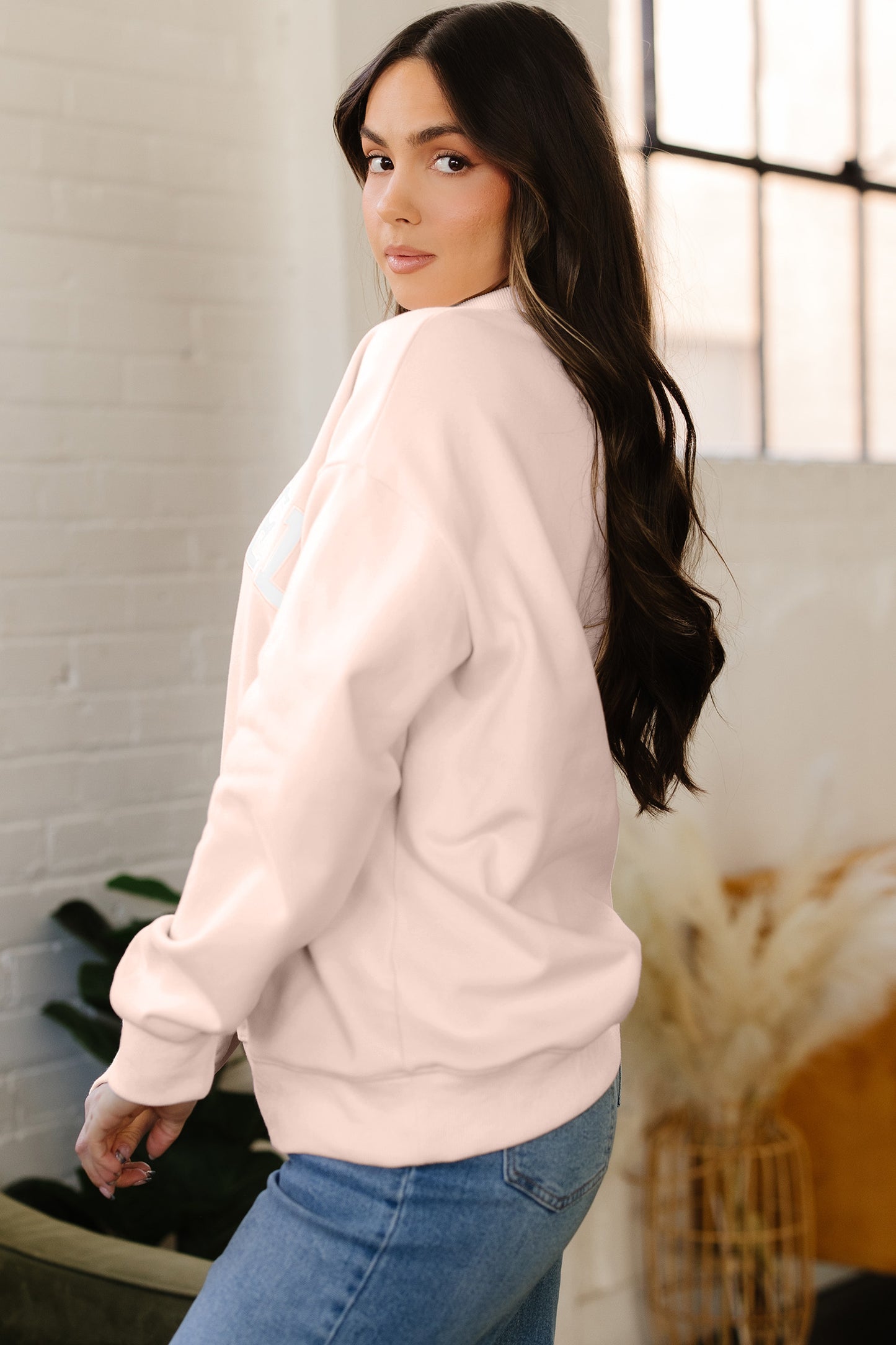 Sea Green Oversize Blessed Embroidered Mock Neck Sweatshirt