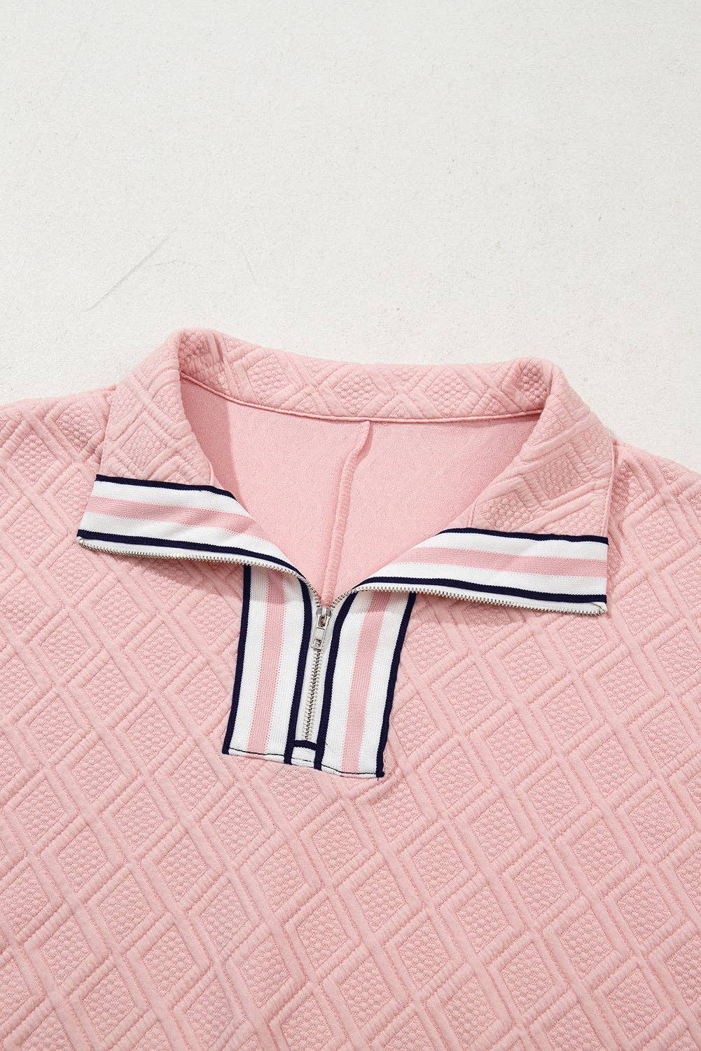 White Contrast Striped Collar Patchwork Textured Half Sleeve Blouse