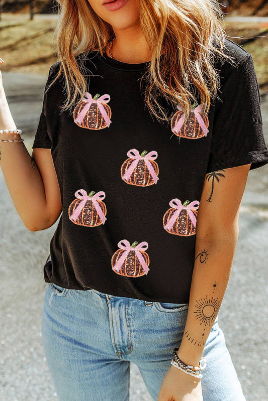 LDC Sequin Bow Pumpkin Patched Cotton Blend T Shirt