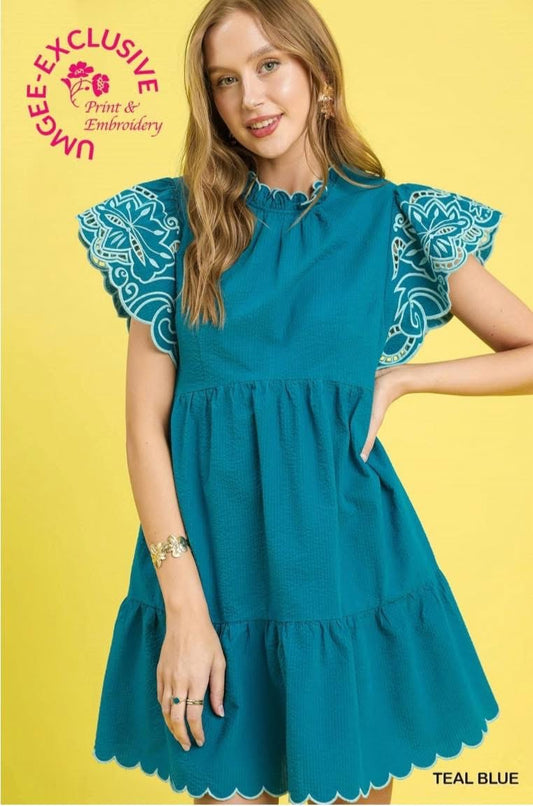 Teal Umgee Dress Floral Sleeves