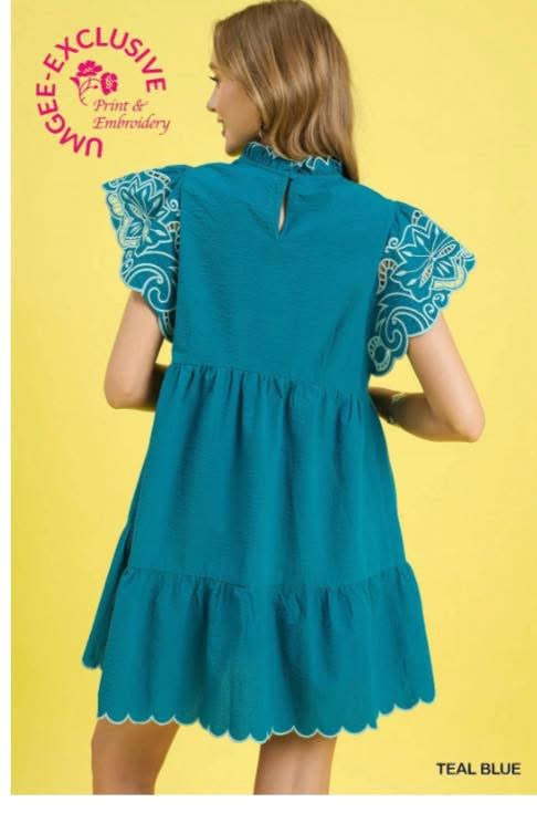 Teal Umgee Dress Floral Sleeves