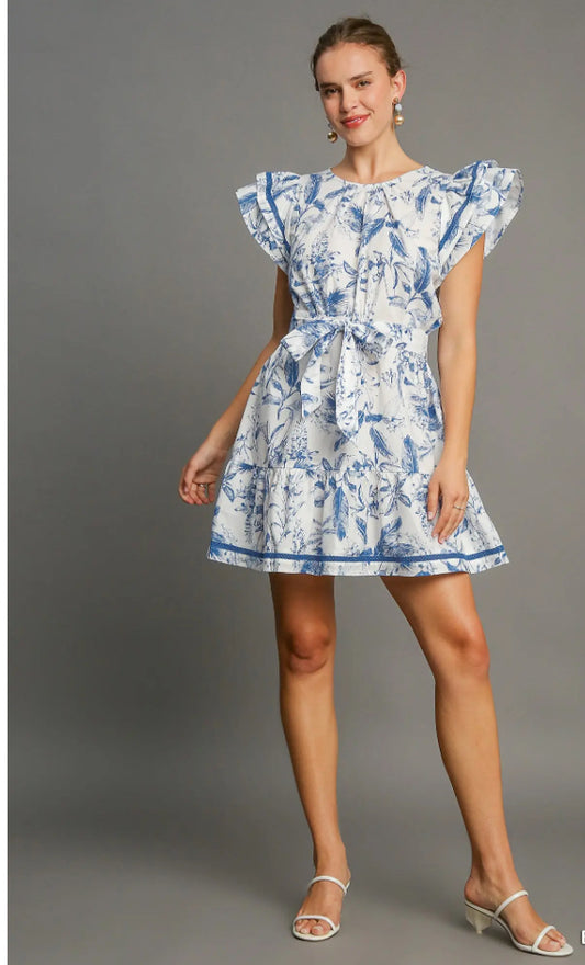White and Blue Floral Dress Umgee
