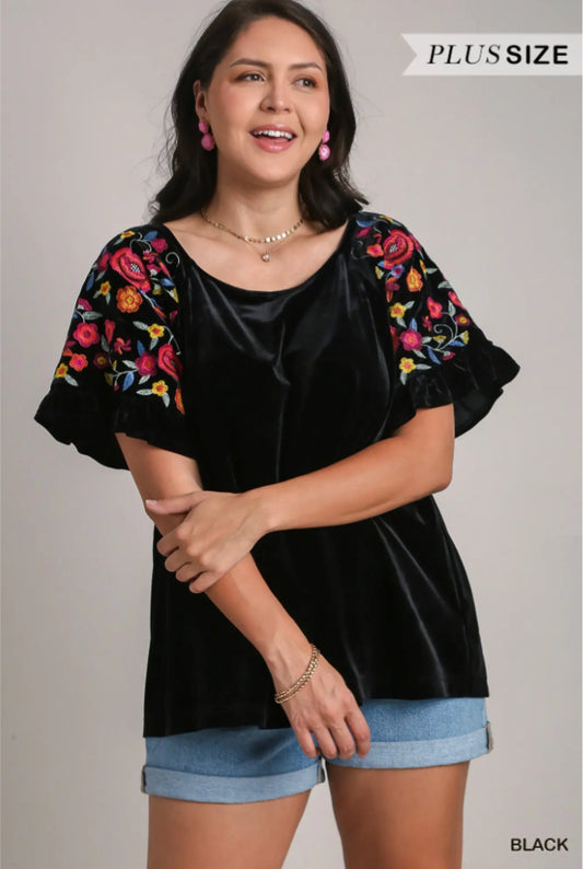 Black Umgee Velvet Floral Sleeve Top