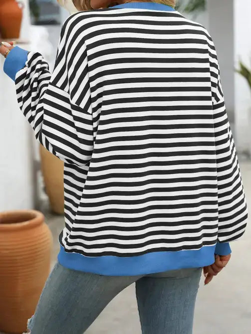 Black-White Color Striped Crew Neck Loose Sweatshirt Sweater