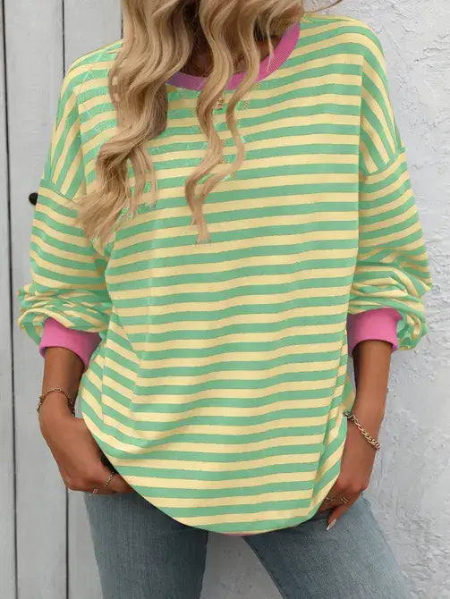 Black-White Color Striped Crew Neck Loose Sweatshirt Sweater