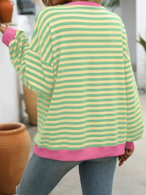 Black-White Color Striped Crew Neck Loose Sweatshirt Sweater