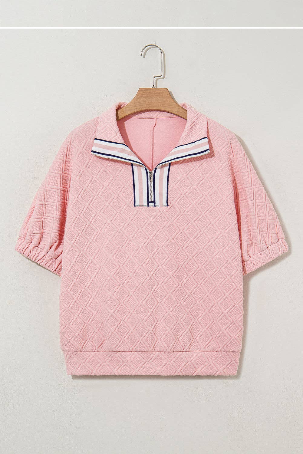 White Contrast Striped Collar Patchwork Textured Half Sleeve Blouse