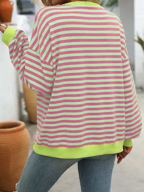 Black-White Color Striped Crew Neck Loose Sweatshirt Sweater