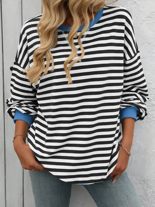 Black-White Color Striped Crew Neck Loose Sweatshirt Sweater