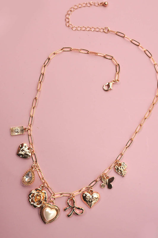 CHARM NECKLACE-BOW HEART RHINESTONE FLOWER | 80N91405