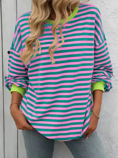 Black-White Color Striped Crew Neck Loose Sweatshirt Sweater