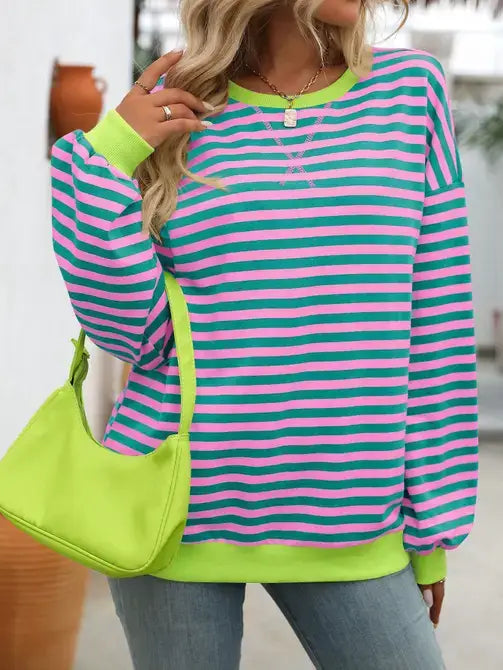 Black-White Color Striped Crew Neck Loose Sweatshirt Sweater