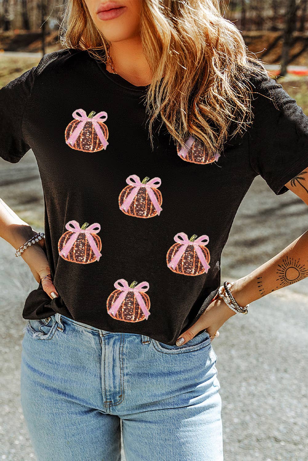 LDC Sequin Bow Pumpkin Patched Cotton Blend T Shirt