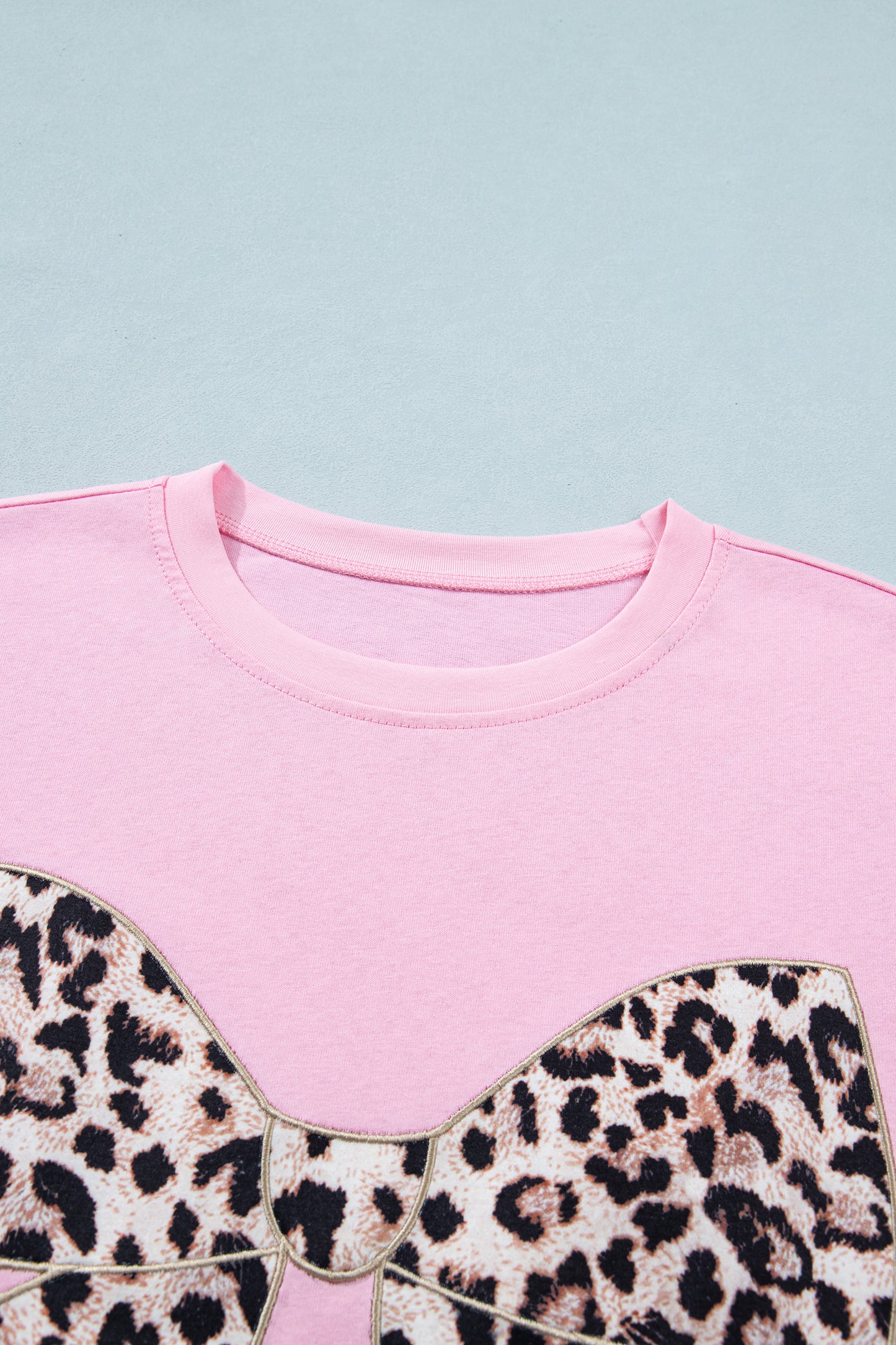 Black Leopard Bow Embroidered Cotton Round Neck T Shirt